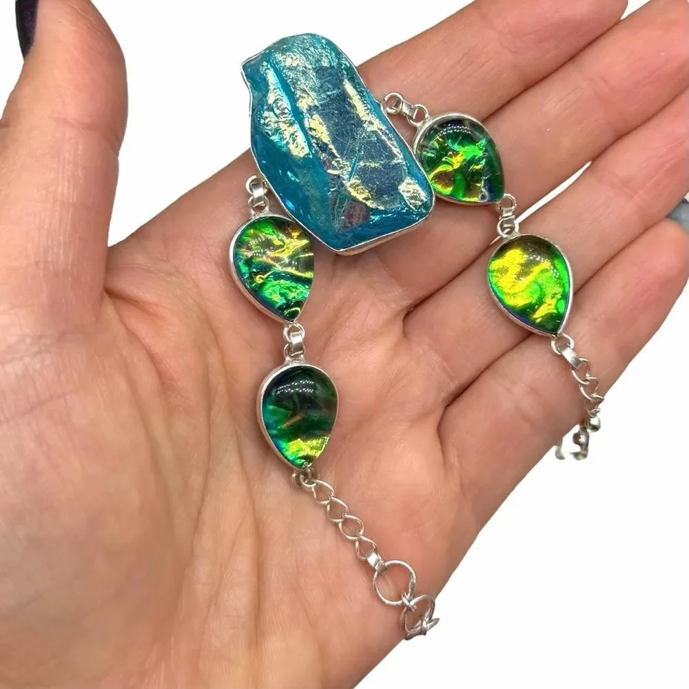 Titanium Quartz & Dichroic Glass Bracelet 925 Sterling Silver Overlay Blue Green